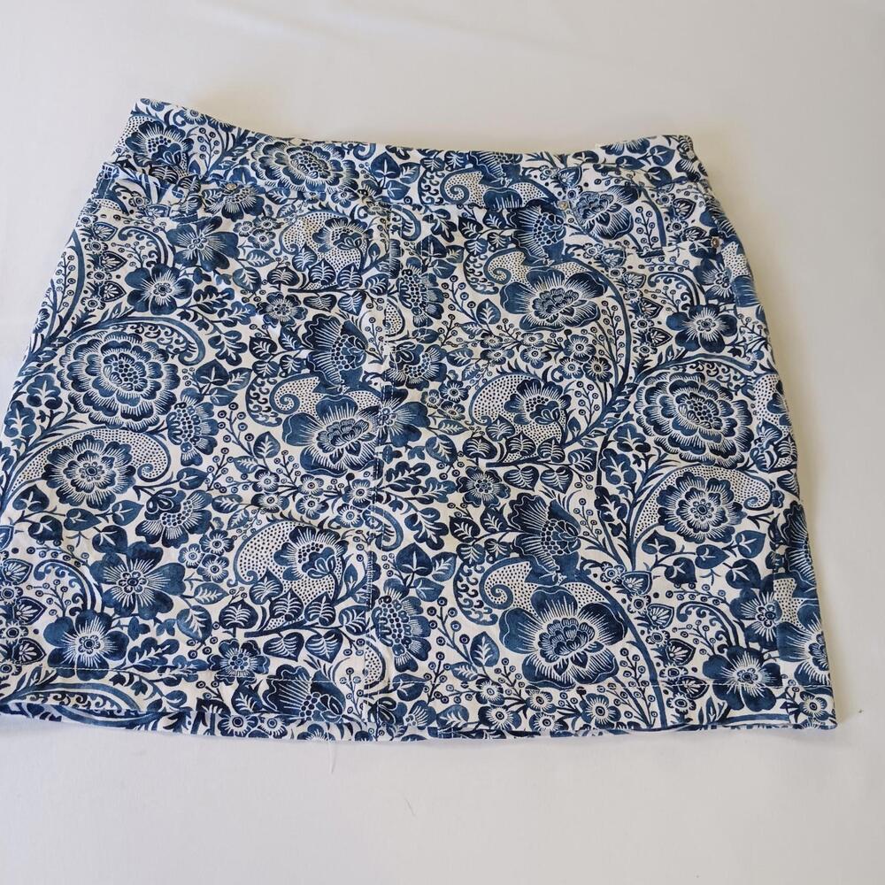 Elastic Waist Women's 14 Blue/White Cotton Blend Floral Pull-On Skirt Waist 36"